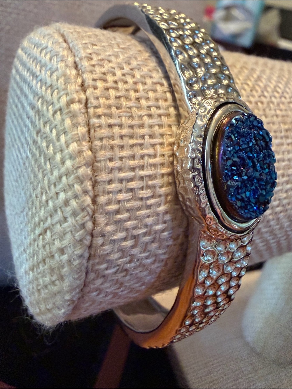Silver Textured Silver Cuff Bracelet with Blue Druzy Accent 925 - Picture 3 of 5